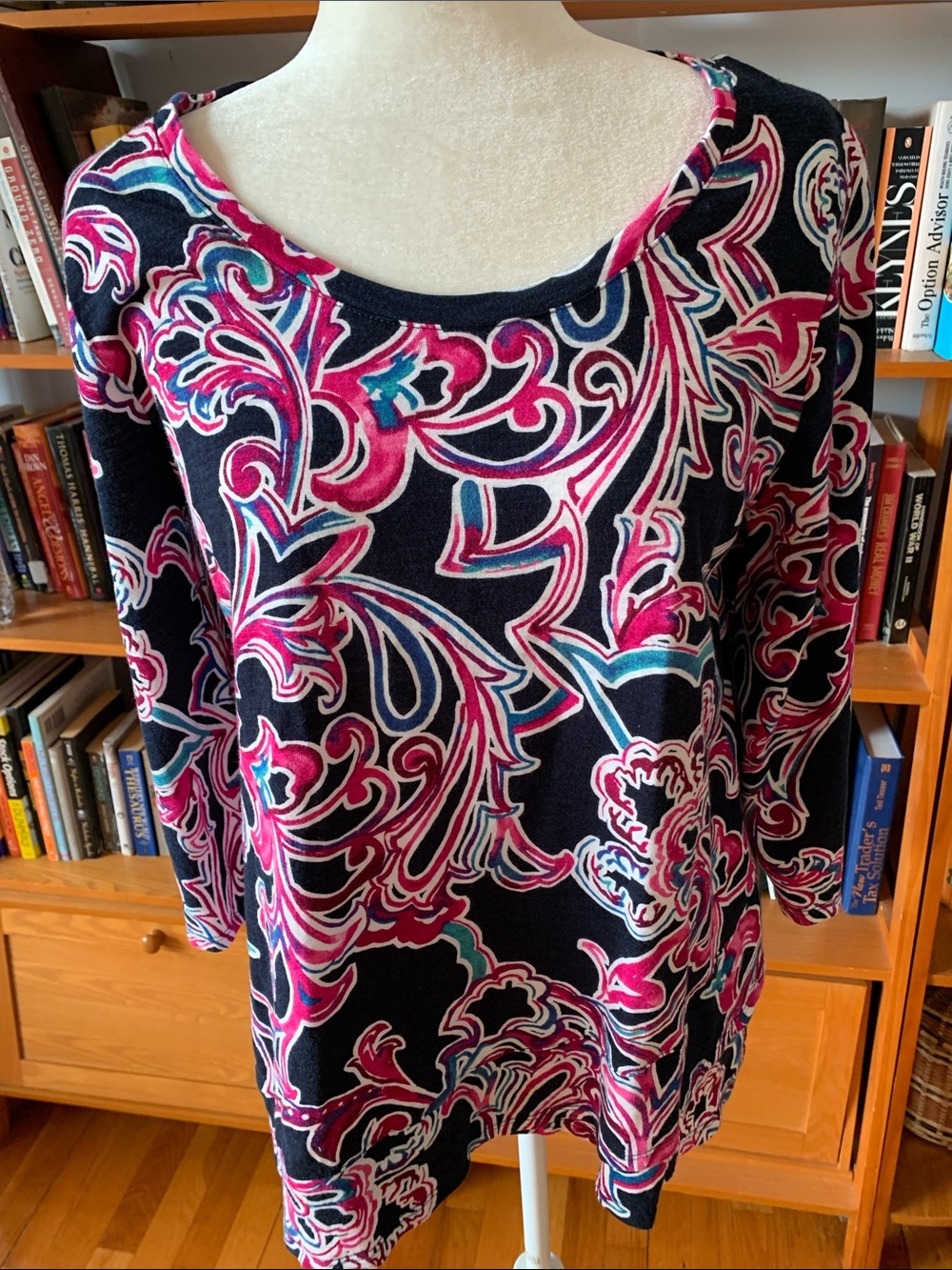 Chico's Navy Top with Pink & Teal Swirl Print